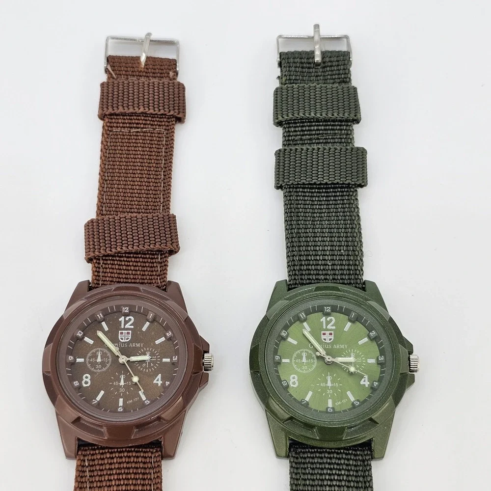2X Gemius Army Men's Watch 40MM Brown Green Dial Nylon Canvas Bands New‎ Battery